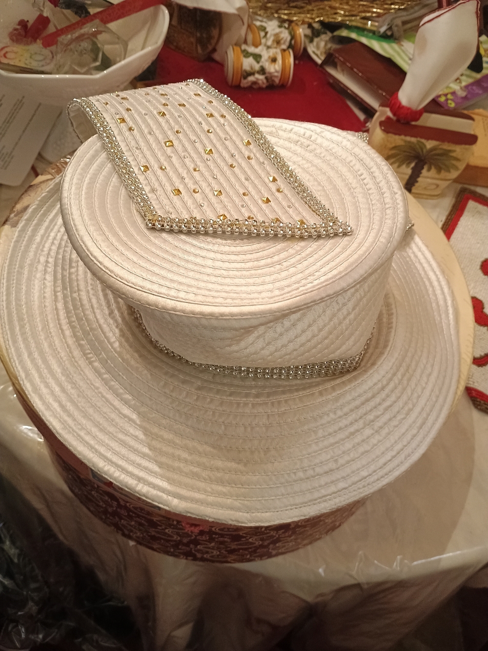 Elegant  Silvery White Women's Dress Hat with Rhinestone Trim